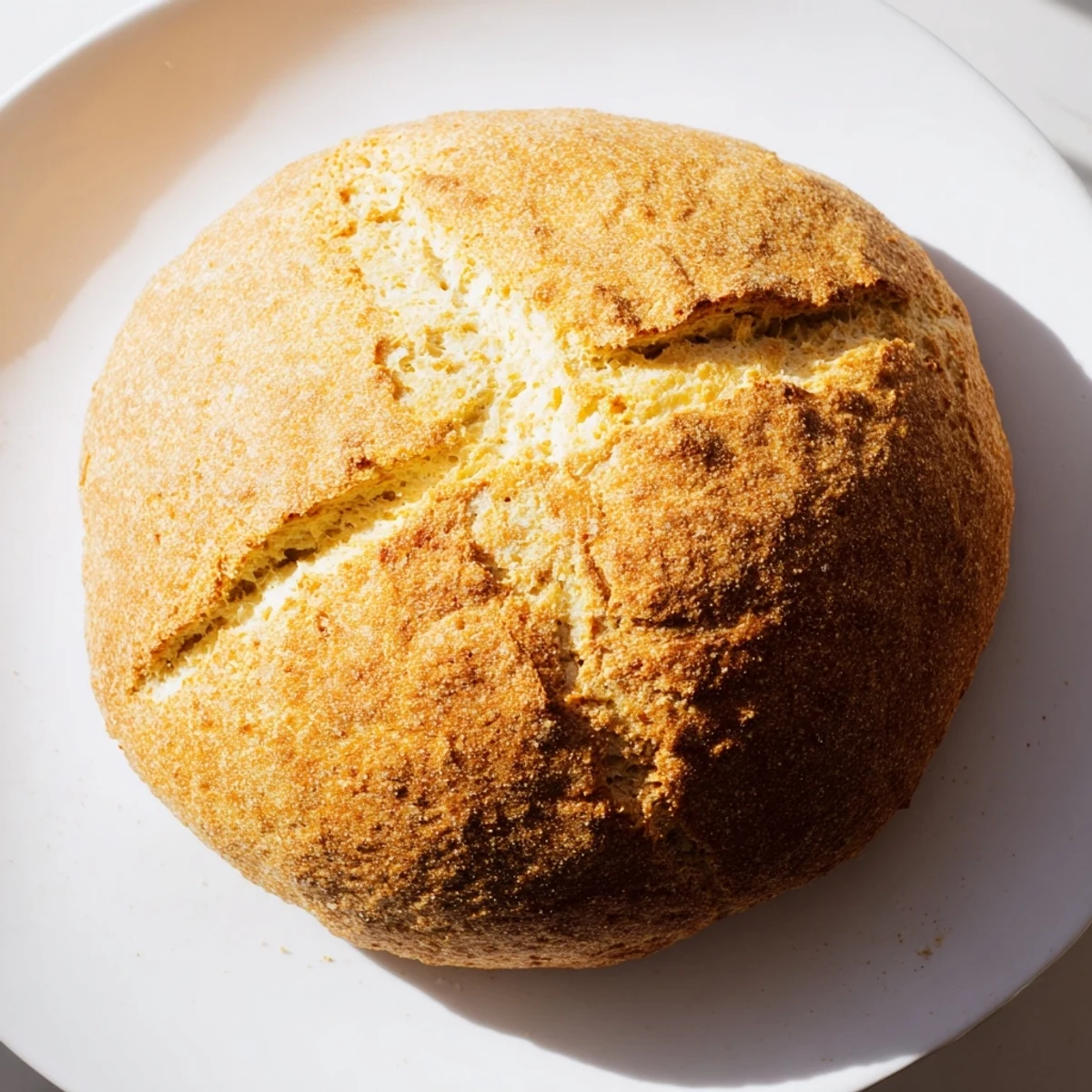 Warm loaf of Authentic 4-Ingredient Irish Soda Bread with a tender crumb ready for serving with stew.