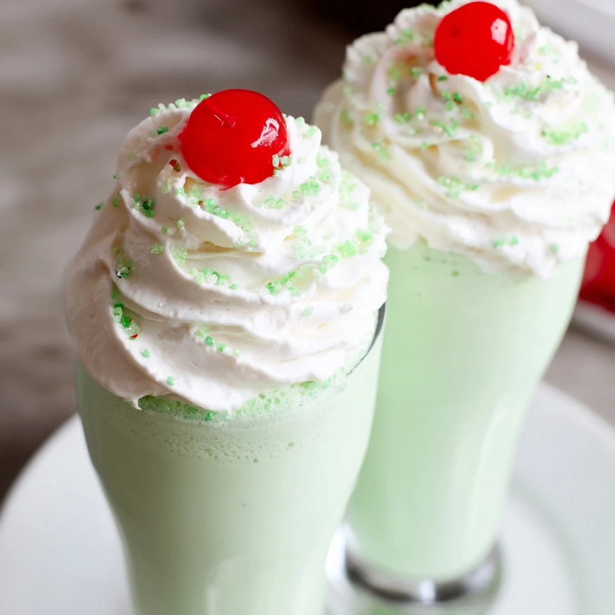 Two tall glasses of creamy Homemade Copycat Shamrock Shake topped with whipped cream, a maraschino cherry, and green sprinkles.
