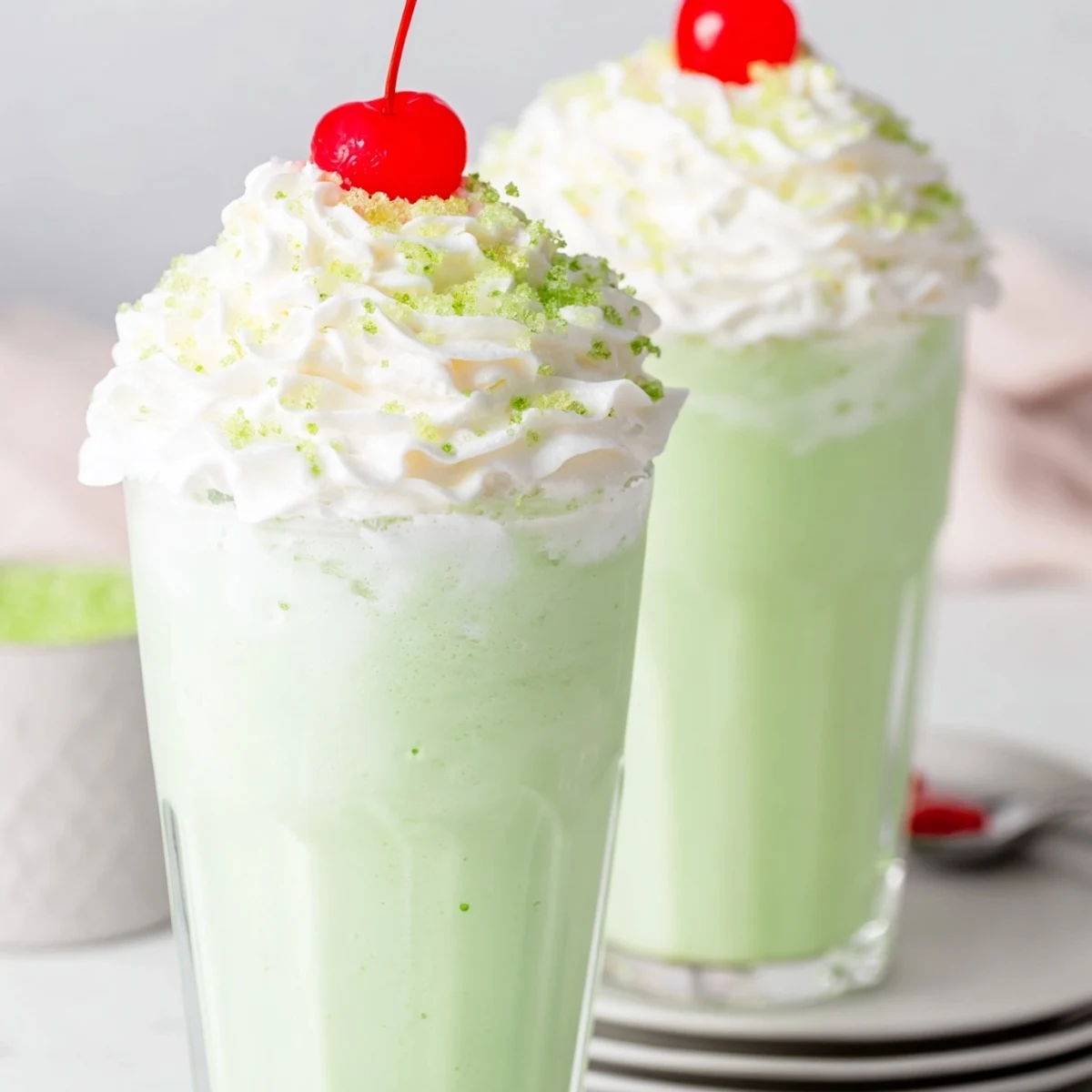 Homemade Copycat Shamrock Shake being poured into a glass, showing its smooth, minty green texture and frothy consistency.