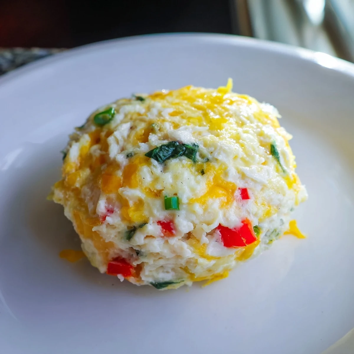 Freshly baked Cottage Cheese Egg Bites served warm on a white plate with a side of sliced tomatoes.  