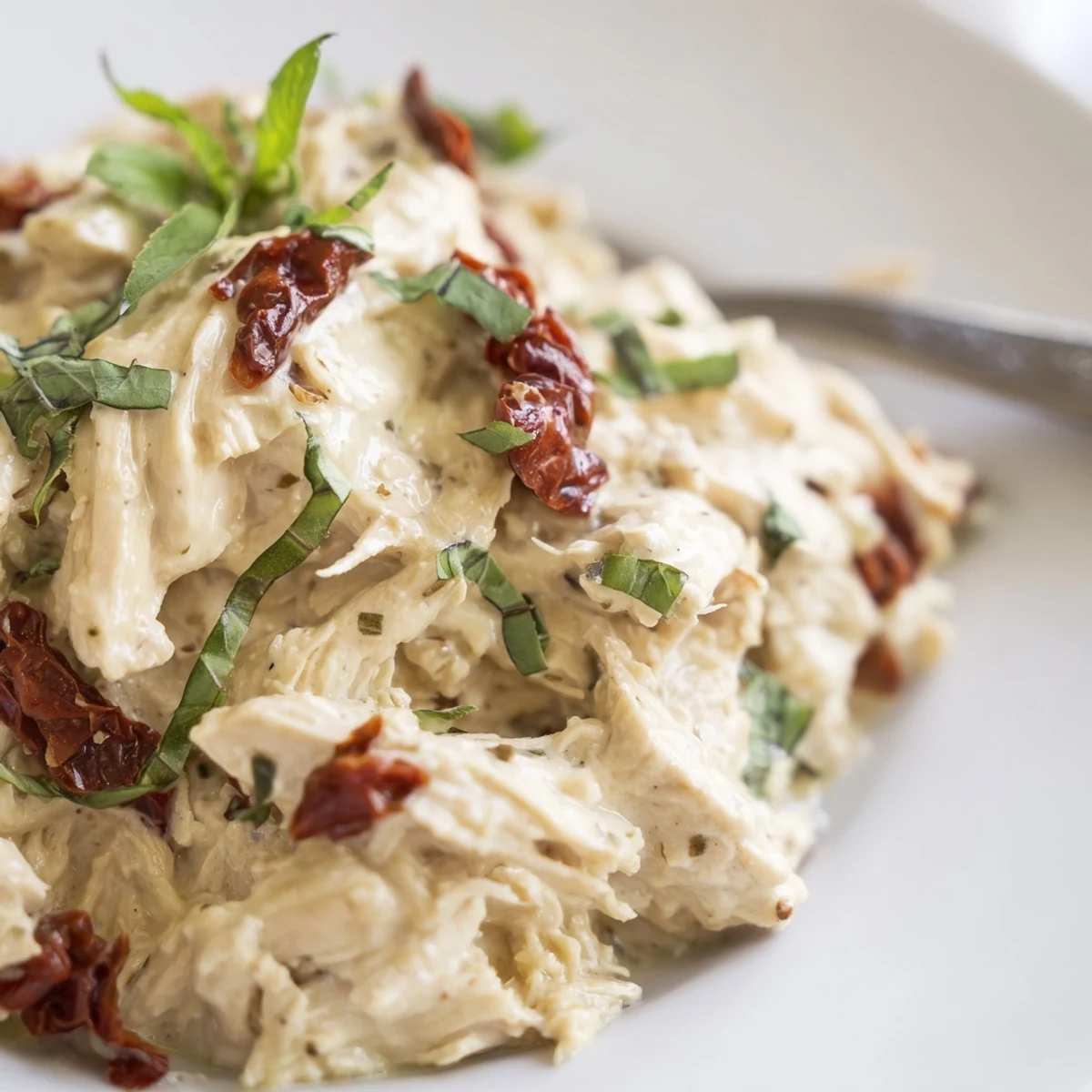 Slow-cooked Marry Me High Protein Crockpot Chicken in a creamy, sun-dried tomato and parmesan sauce.