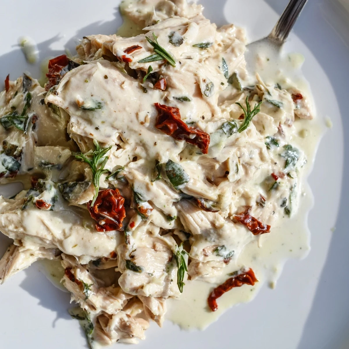 A hearty bowl of Marry Me High Protein Crockpot chicken, garnished with parsley and red pepper flakes.