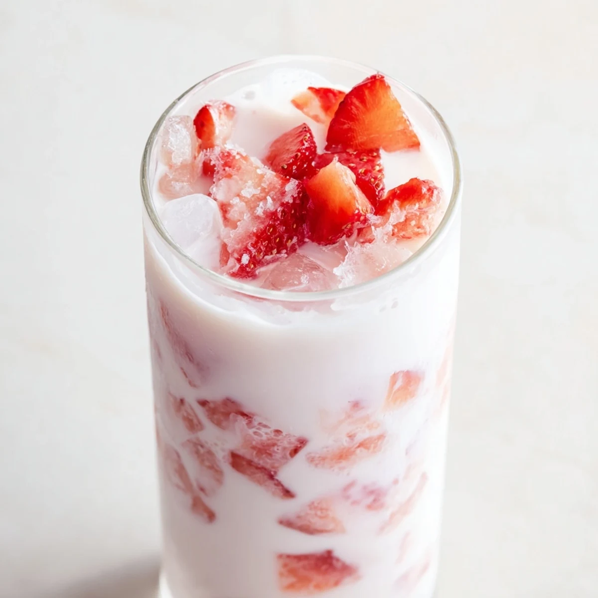 Two tall glasses of Cafe Style Korean Strawberry Milk, with a vibrant red strawberry sauce swirled into cold milk and fresh strawberry slices on top.
