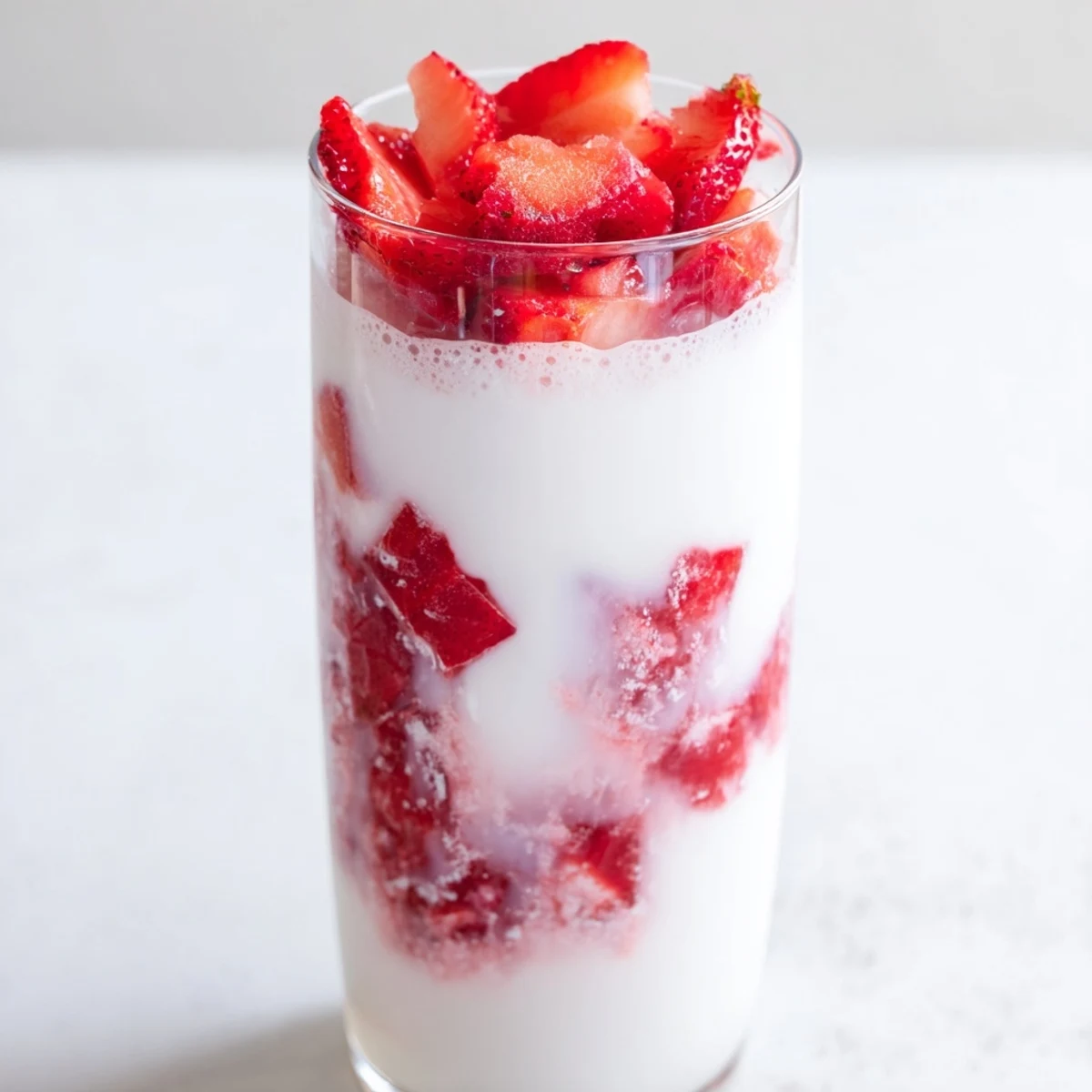 Homemade Cafe Style Korean Strawberry Milk served in a clear glass, featuring a creamy texture and sweet strawberry syrup at the bottom.