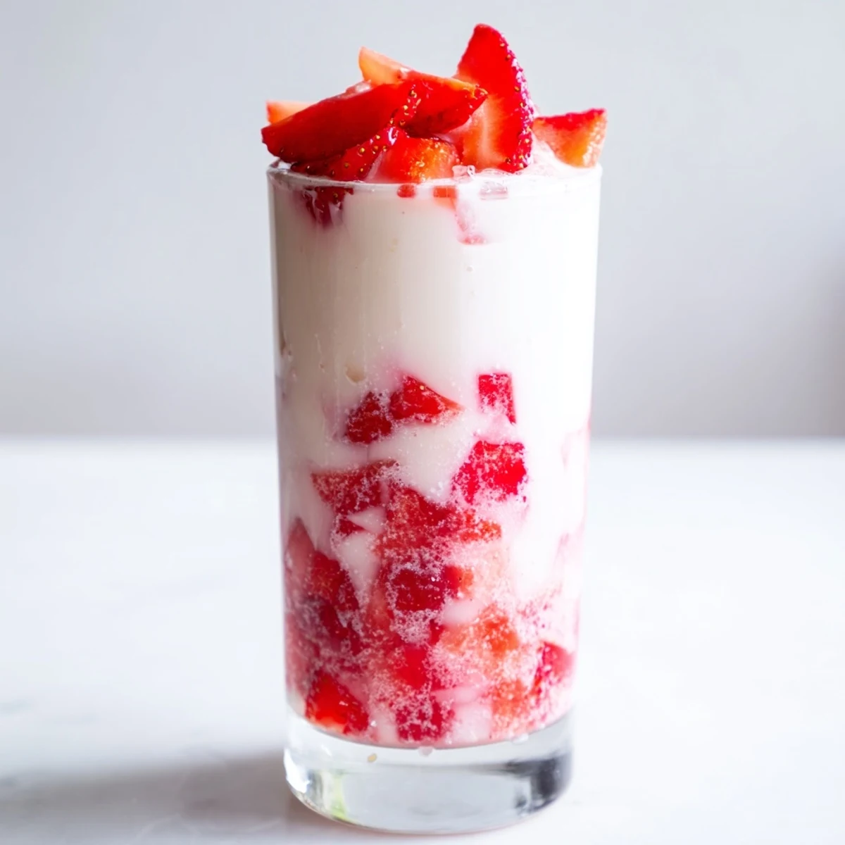A close-up of Cafe Style Korean Strawberry Milk showing a beautiful pink gradient, with ice cubes and a garnish of fresh strawberry slices.