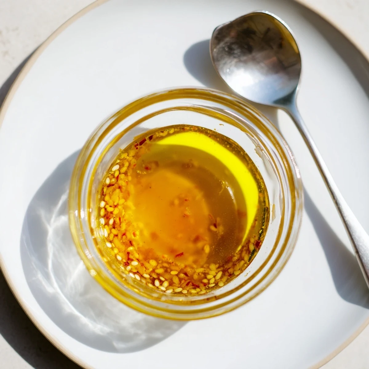 Close-up of Best Asian Coleslaw Dressing being whisked in a bowl with sesame oil and spices.