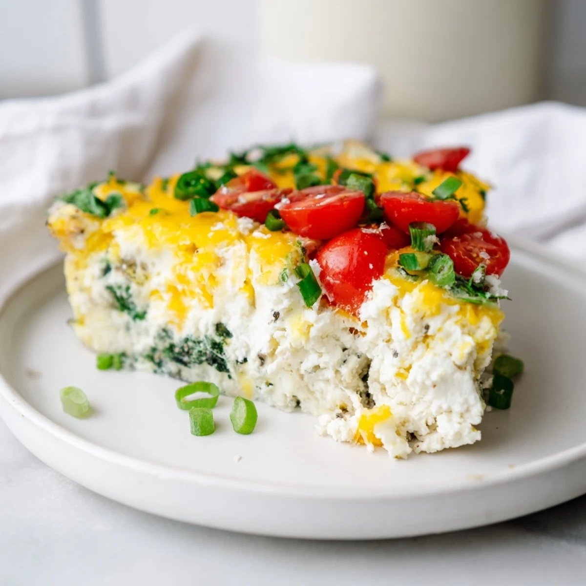A close-up view of Simple Cottage Cheese Frittata on a white plate, garnished with chives and cherry tomatoes.