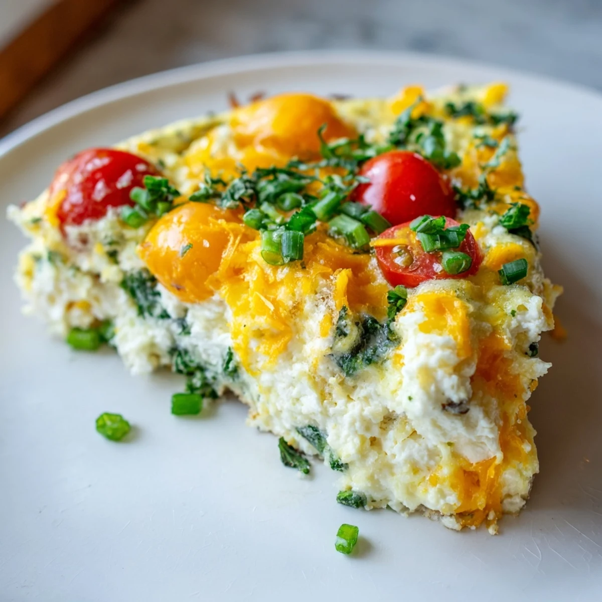 Freshly baked Simple Cottage Cheese Frittata slices reveal golden edges, melted cheddar, and bright spinach inside a skillet.