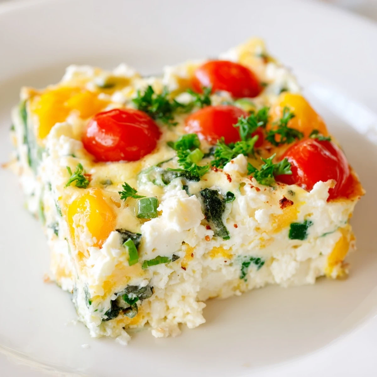 Serving suggestion for Simple Cottage Cheese Frittata alongside a fresh arugula salad and a slice of crusty bread.