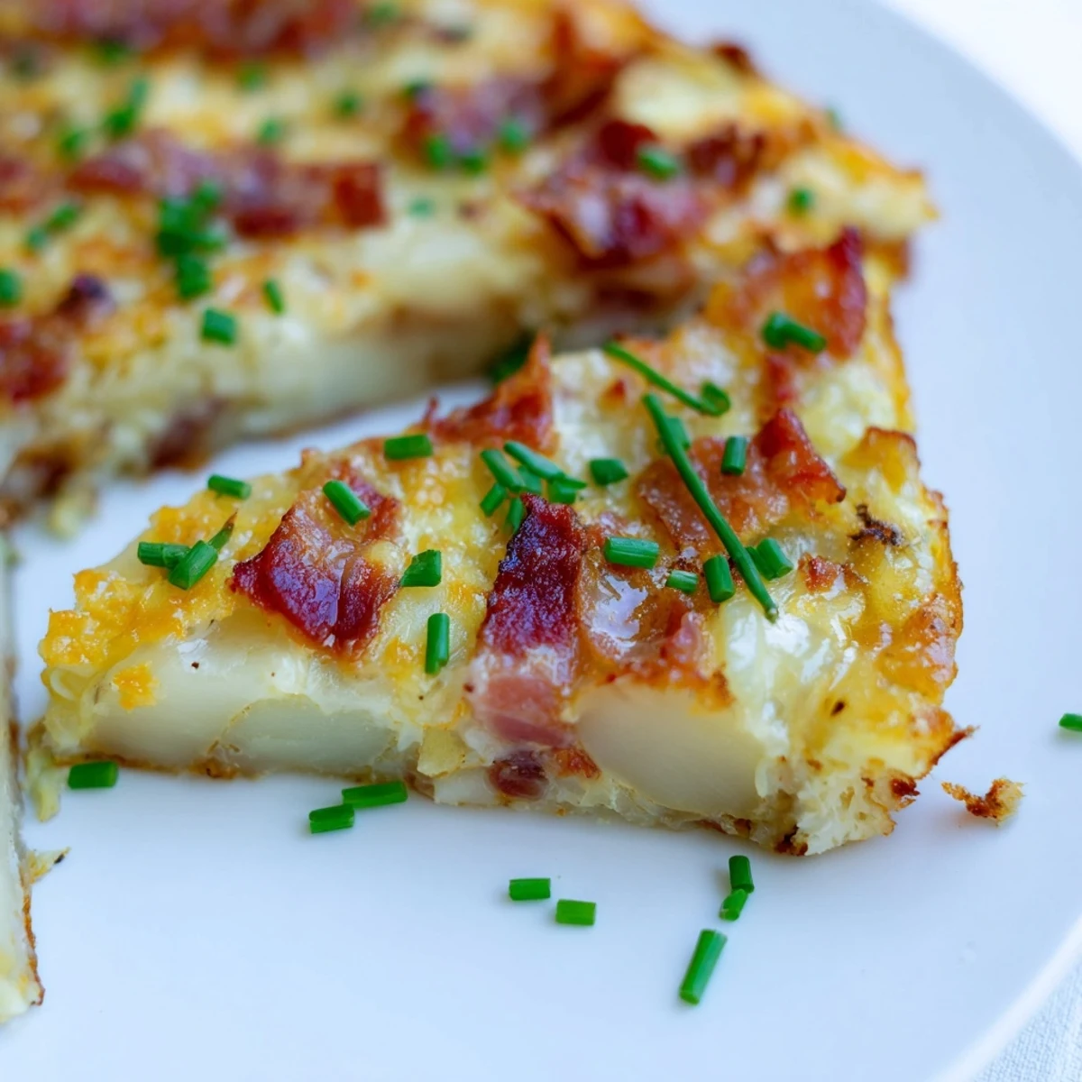 Golden Bacon Potato Frittata slices rest on a white plate garnished with fresh chives.