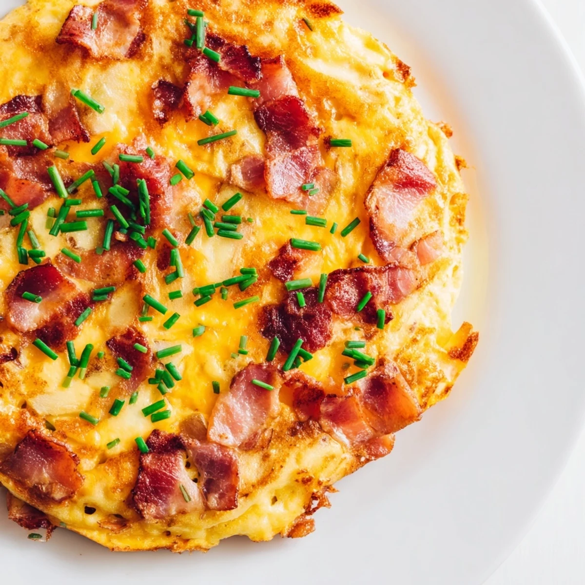 A steaming slice of Bacon Potato Frittata reveals fluffy eggs, crispy bacon, and melted Gruyère cheese.