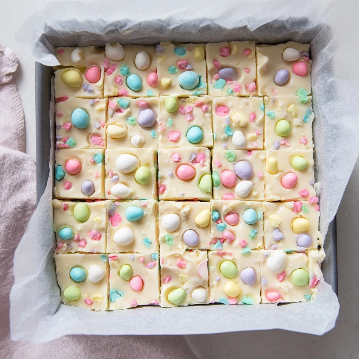 A square pan of chilled Easter Fudge studded with chopped candies, ready to serve at a celebration.