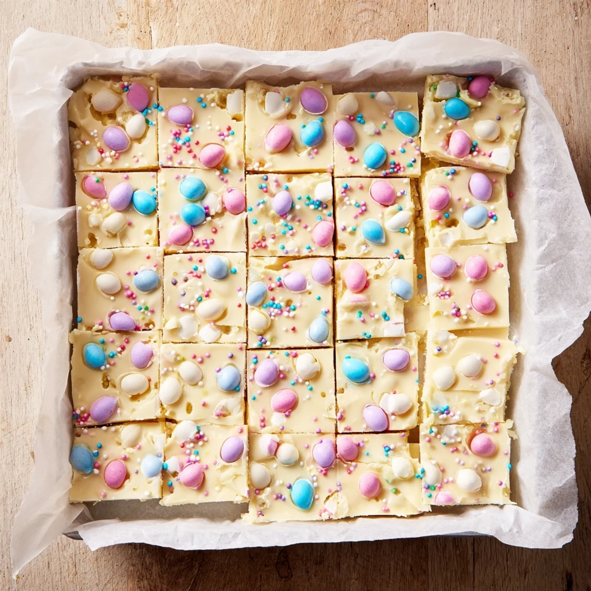 Sliced Easter Fudge with white chocolate texture and colorful candy pieces, perfect for a spring treat.