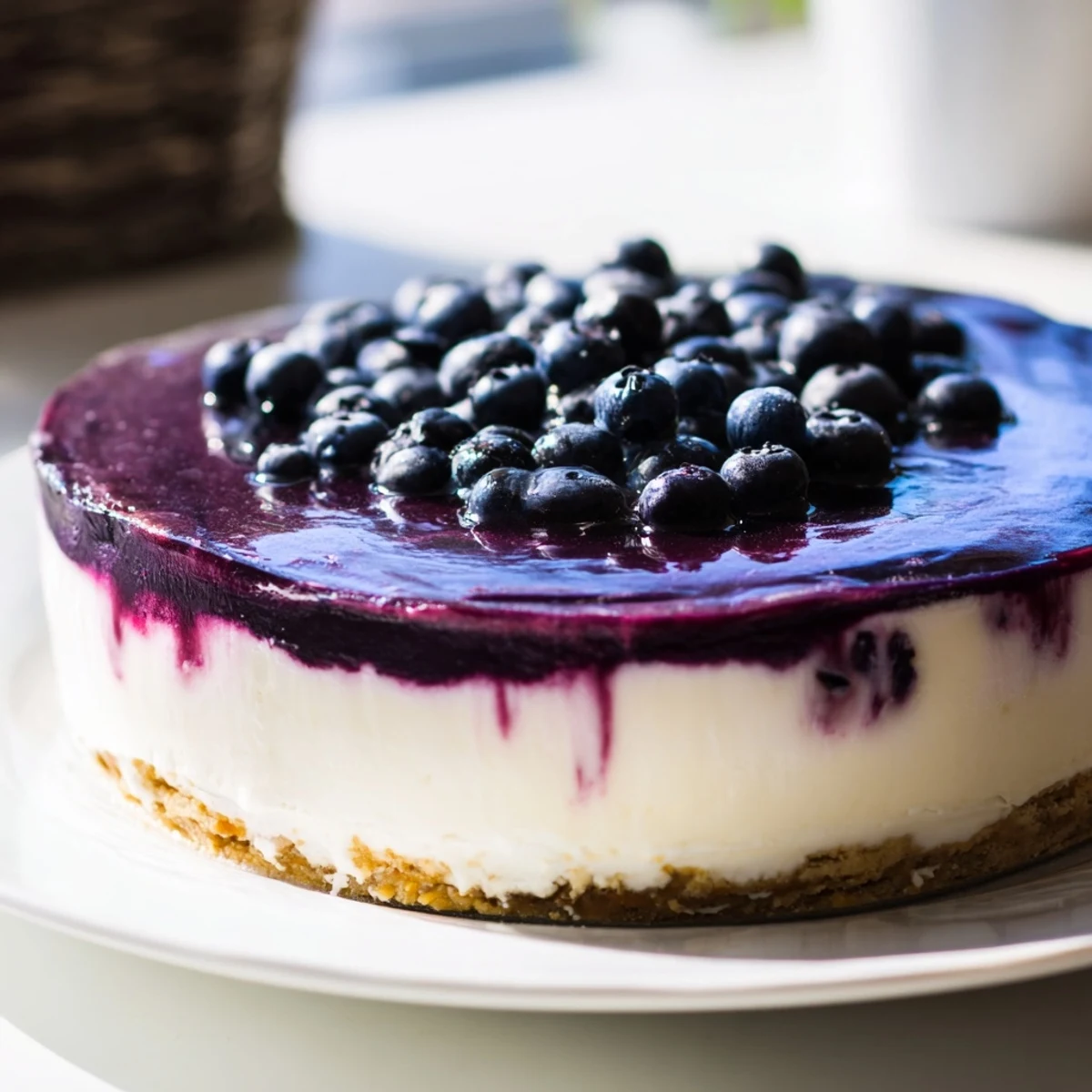 Blueberry Mousse Cheesecake served on a marble countertop with a dollop of whipped cream and a mint garnish.
