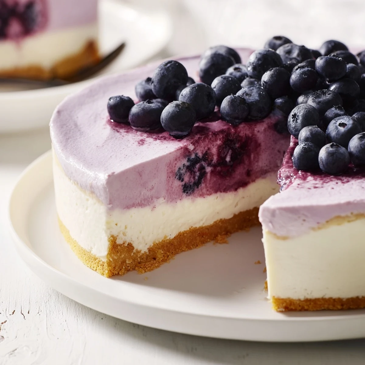 Slice of Blueberry Mousse Cheesecake on a white plate with a fork, featuring a creamy filling and fresh blueberry topping.