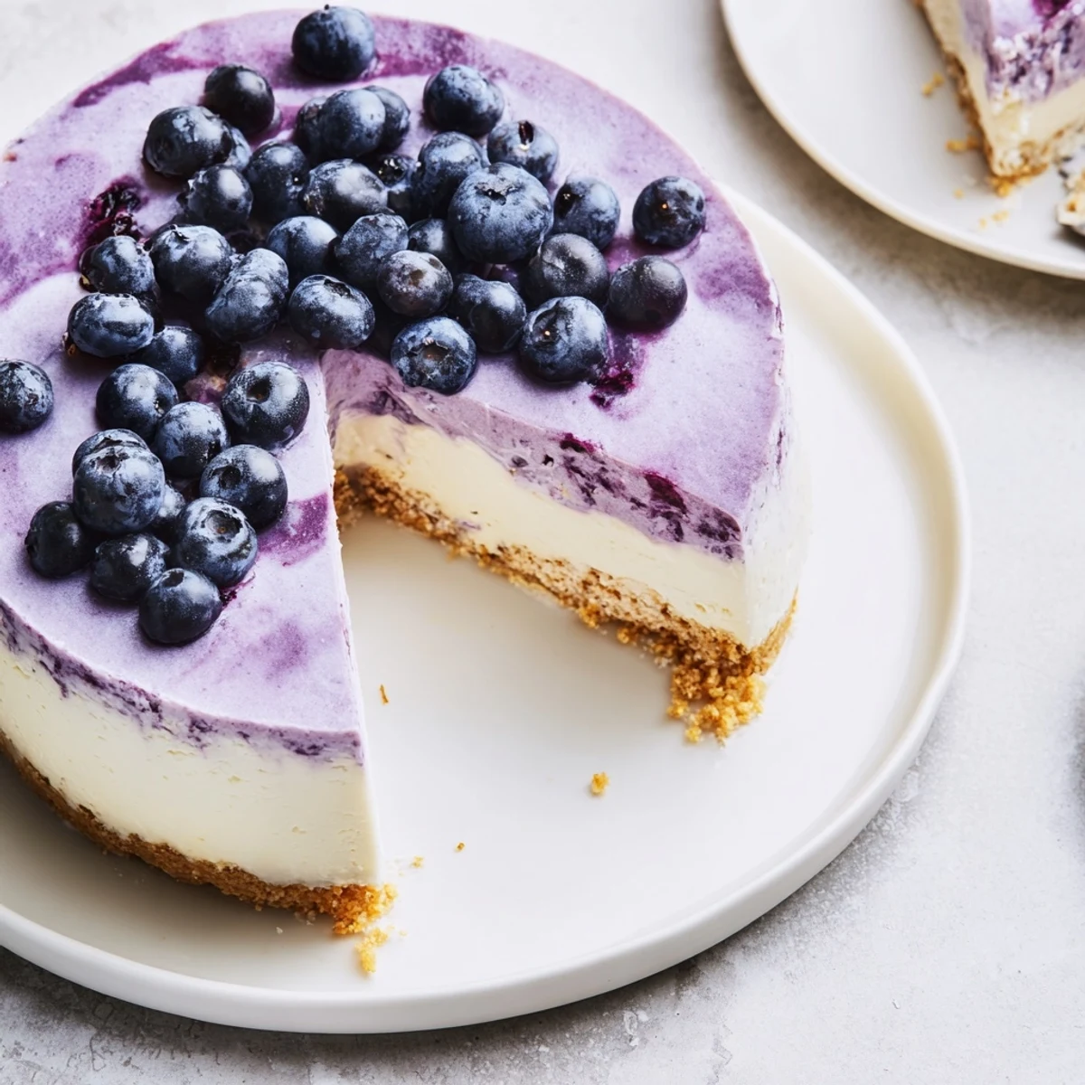 Close-up of Blueberry Mousse Cheesecake showing the graham cracker crust and a swirl of blueberry mousse.