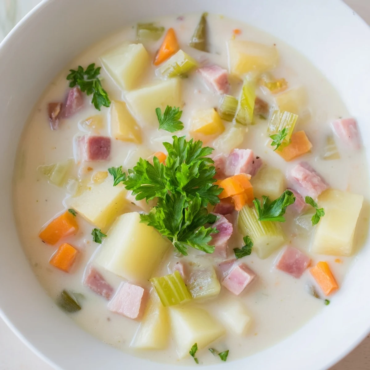 Golden chunks of ham and tender Yukon Gold potatoes swim in a creamy, light broth for this Light Ham & Potato Chowder.