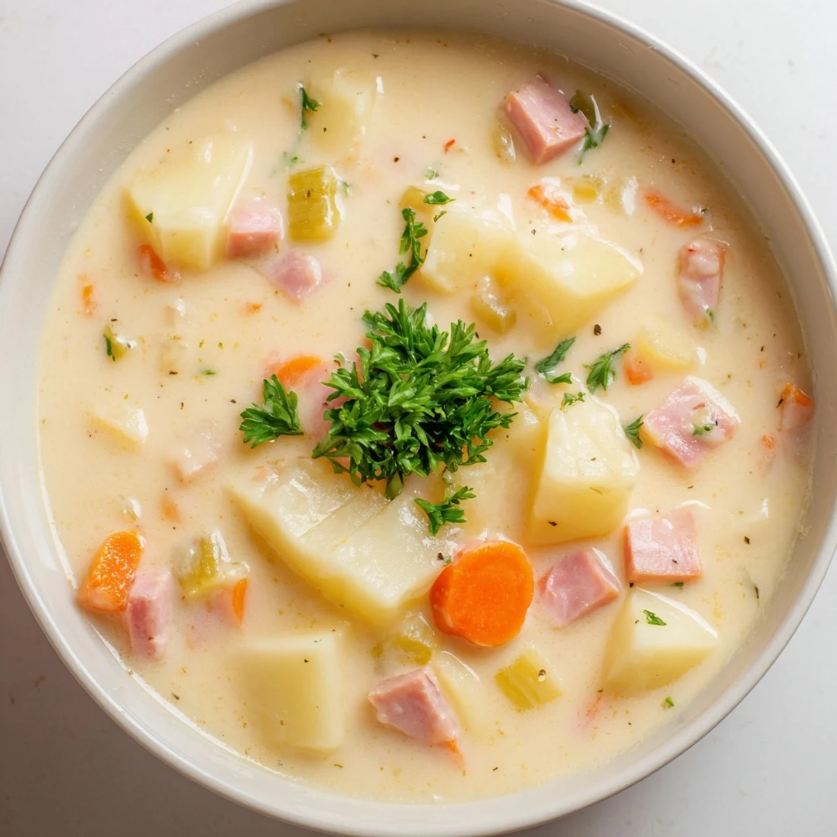 Steam rises from a spoonful of hearty Light Ham & Potato Chowder, revealing diced carrots and celery in every bite.