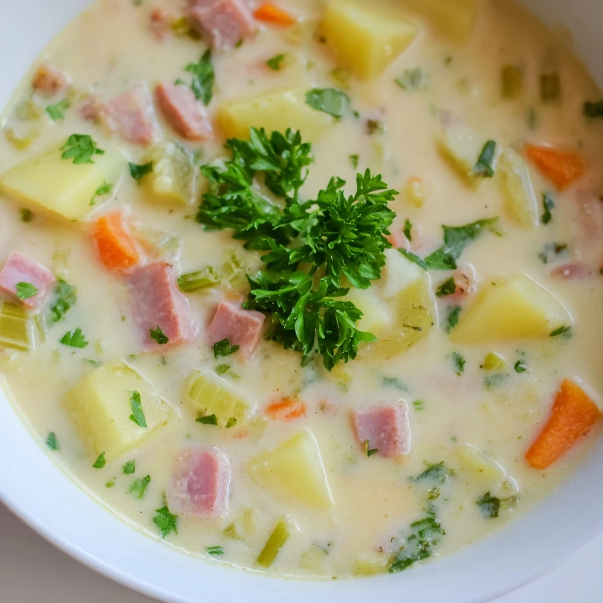 A comforting bowl of Light Ham & Potato Chowder garnished with fresh parsley, served alongside crusty whole grain bread.