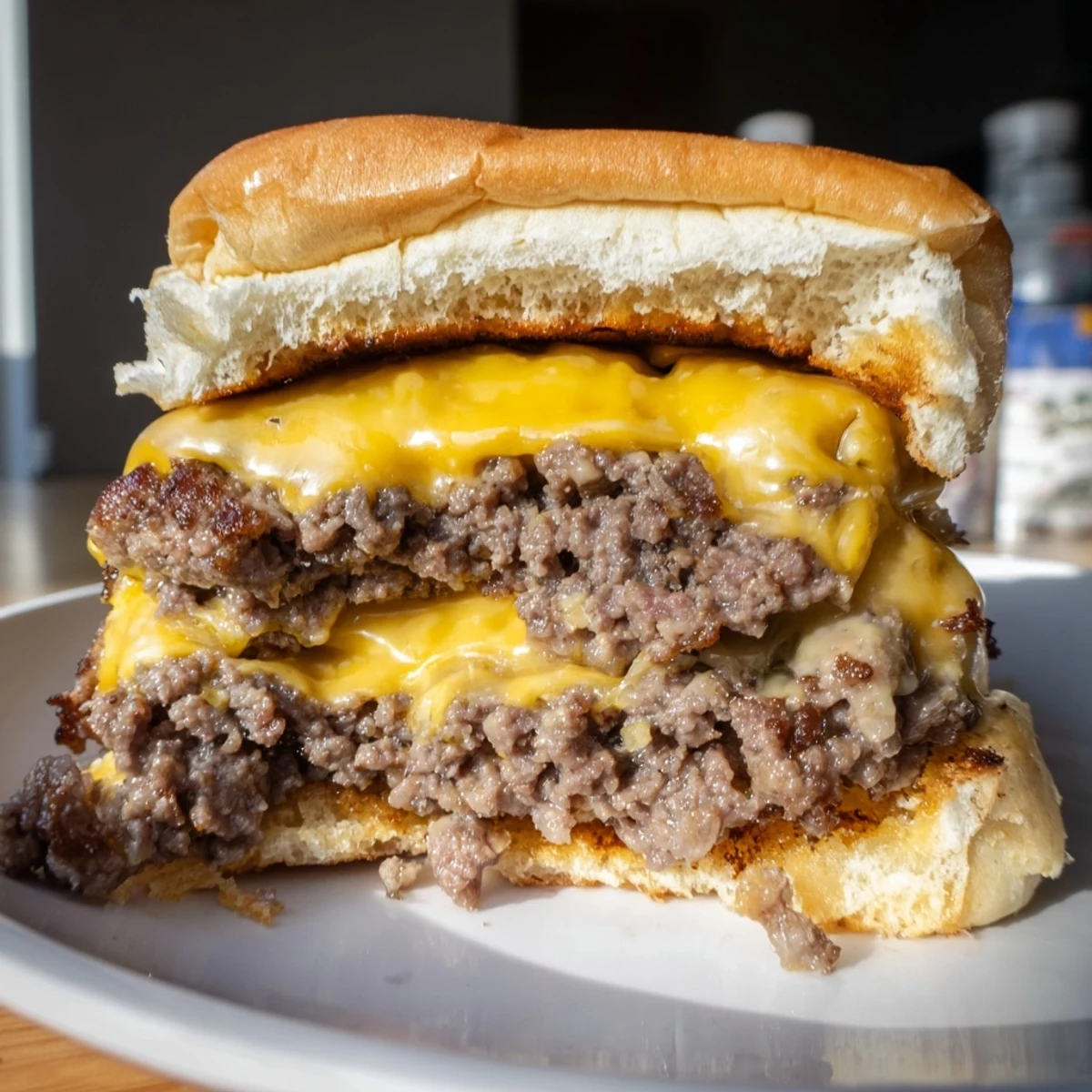 Flying Dutchman Burger served on a white plate with grilled onions and pickles beside a crisp salad.