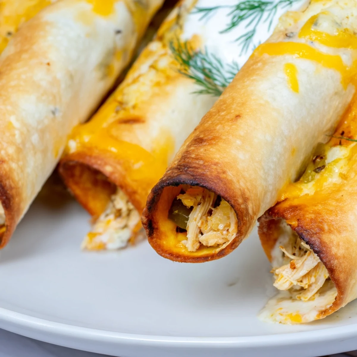 Freshly baked Dill Pickle Ranch Chicken Taquitos served with creamy ranch dipping sauce on the side.