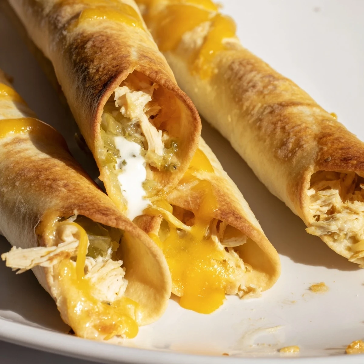 Close-up of Dill Pickle Ranch Chicken Taquitos showing crispy tortilla and cheesy, pickle-filled chicken interior.