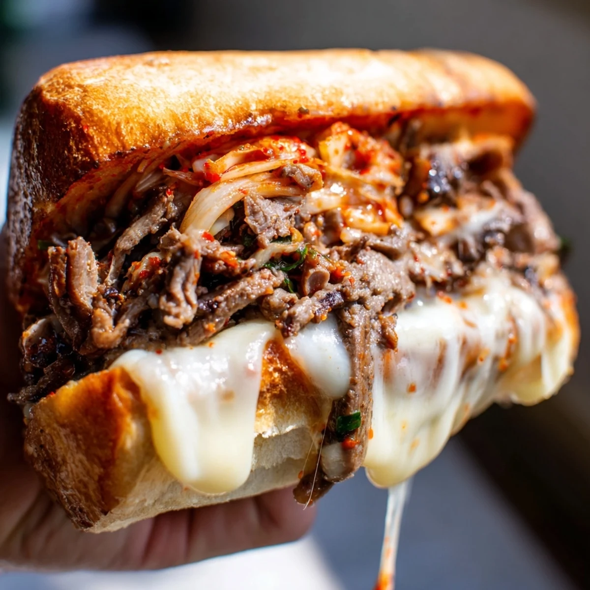 The Irresistible Korean Kimchi Bulgogi Cheesesteak on a toasted hoagie roll with melted provolone cheese.  