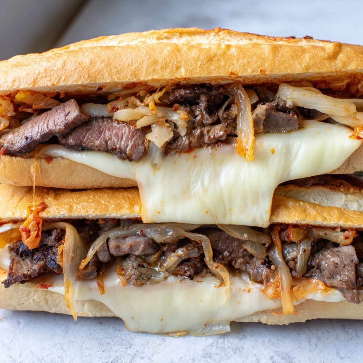 Enjoy this Irresistible Korean Kimchi Bulgogi Cheesesteak hot with a drizzle of gochujang mayo topping.
