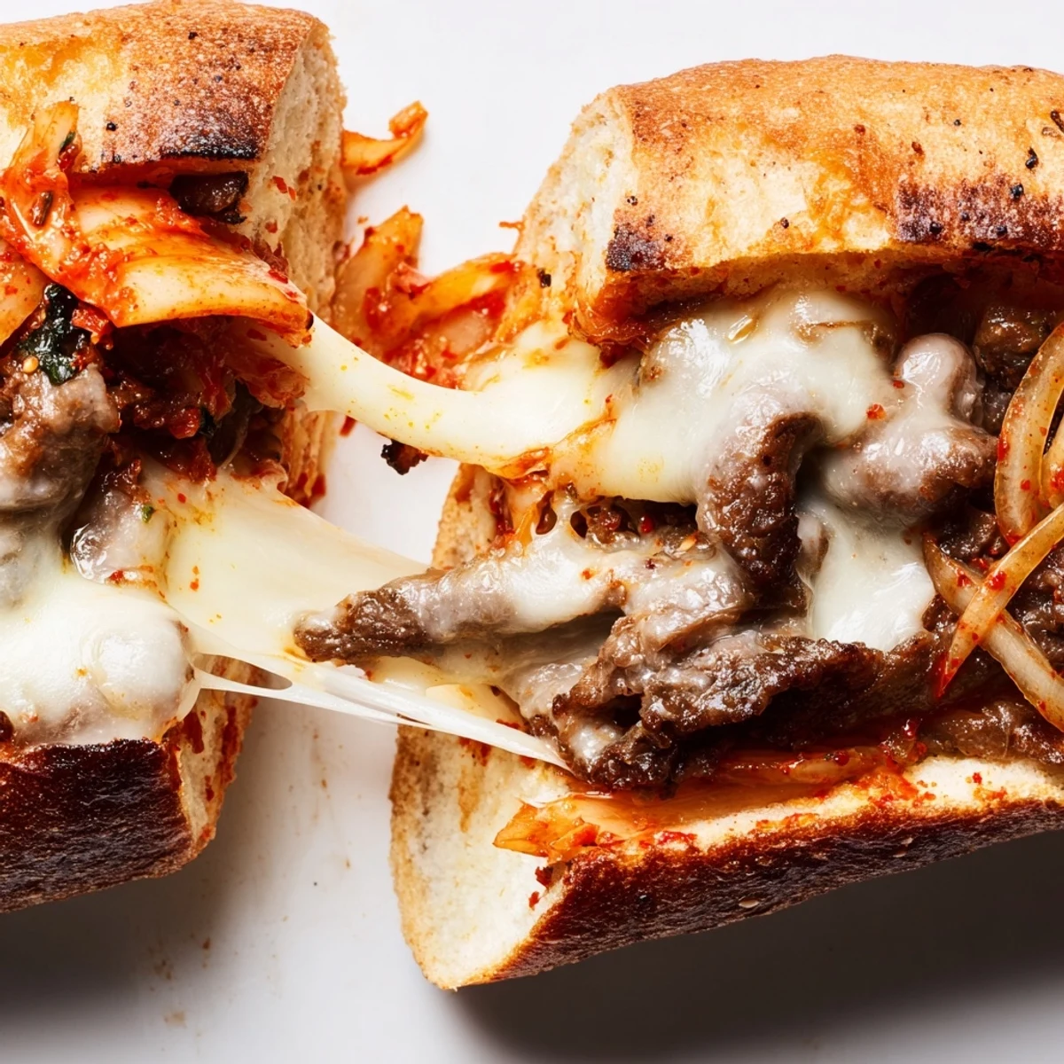 This Irresistible Korean Kimchi Bulgogi Cheesesteak features savory beef and spicy kimchi garnished with scallions.  