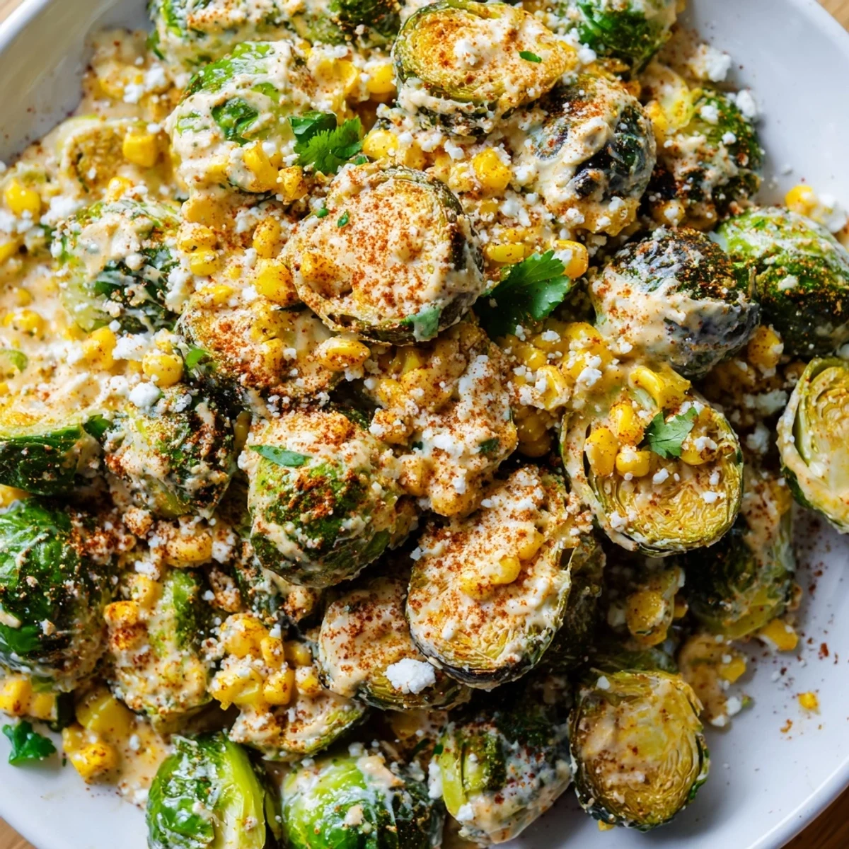 A vibrant bowl of Mexican Street Corn Brussels Sprouts Delight featuring fresh cilantro, chili powder, and lime wedges ready for serving.