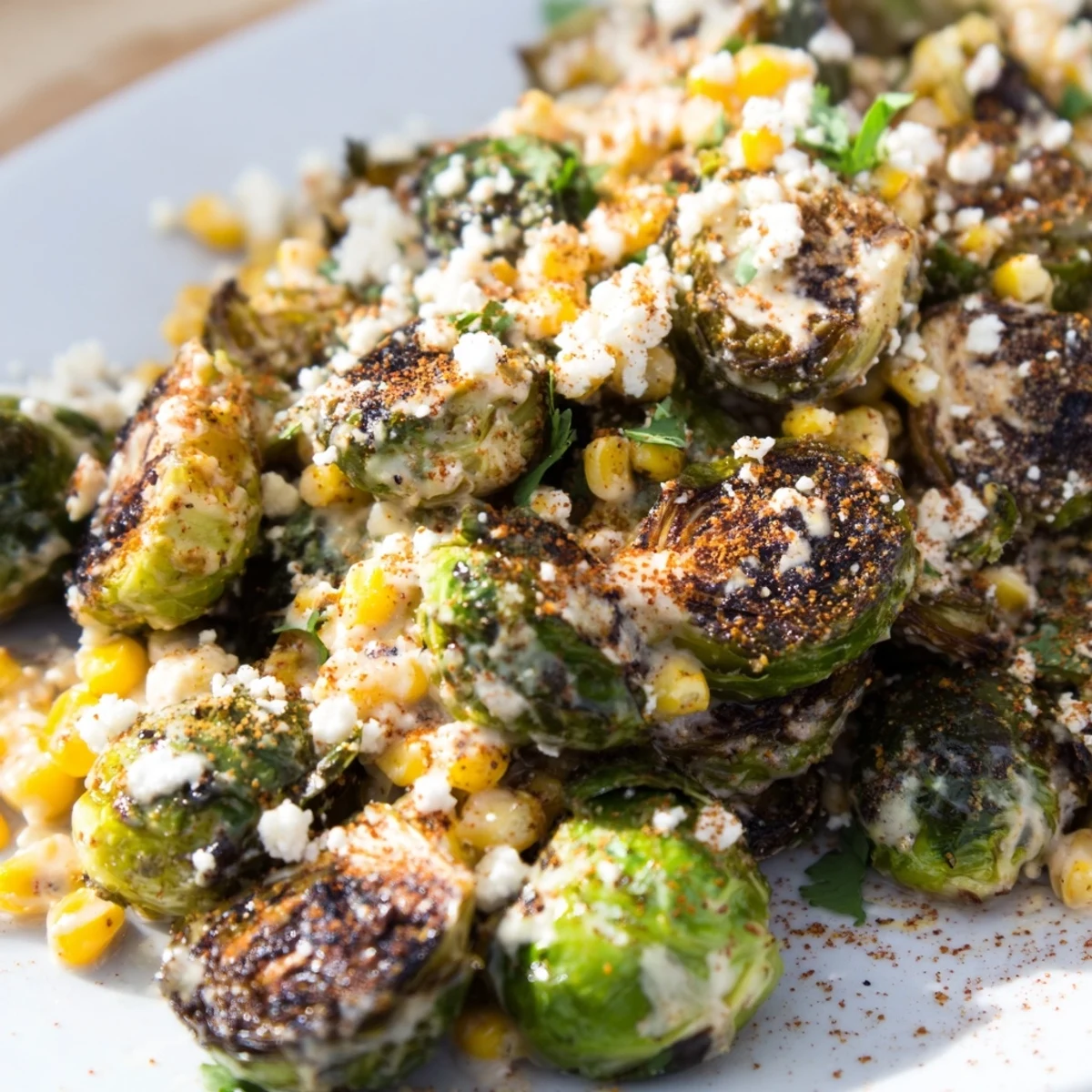 Close up of warm Mexican Street Corn Brussels Sprouts Delight with smoky paprika drizzle and cotija cheese on a rustic plate.