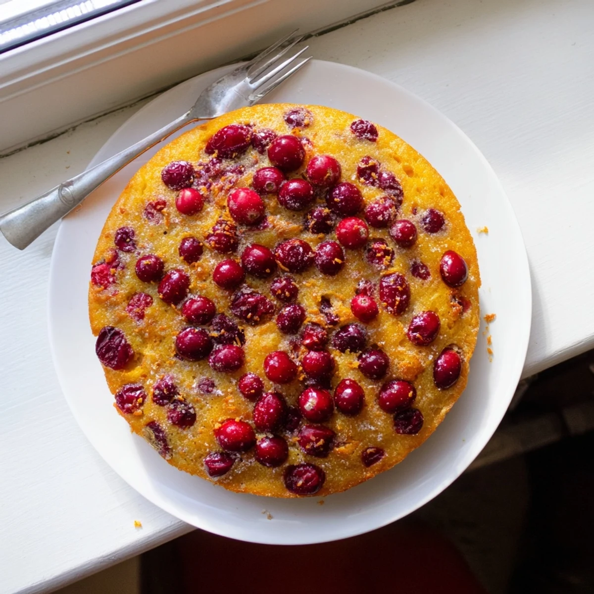 A freshly baked Cranberry Cake with a golden crumb and vibrant red berries peeking through the tender slices.