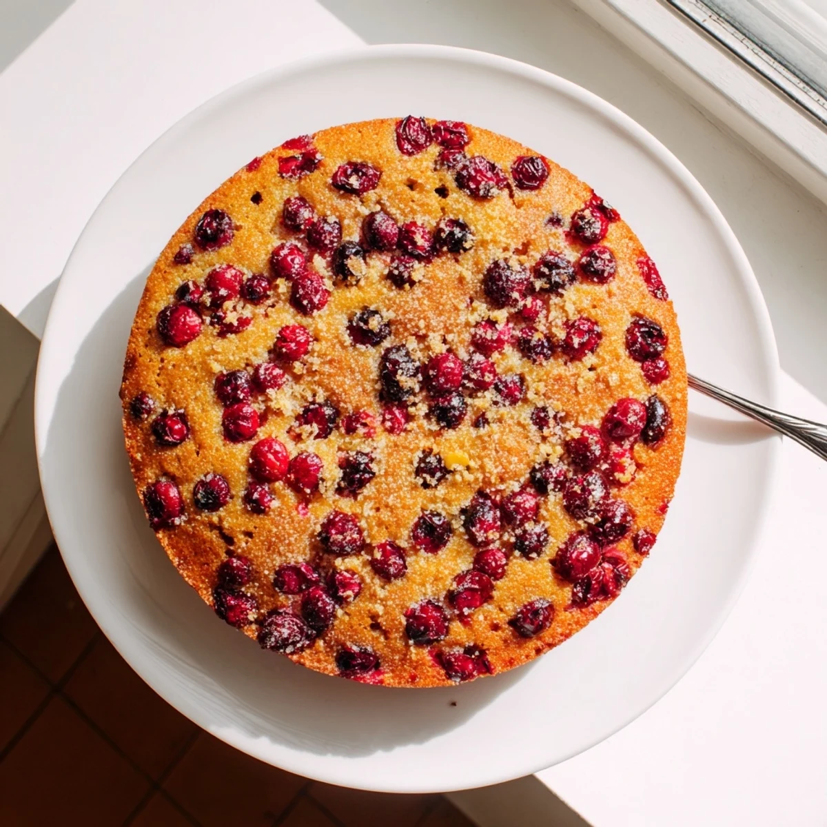 Slice of homemade American Cranberry Cake revealing juicy berries inside, ideal for a festive holiday dessert table.
