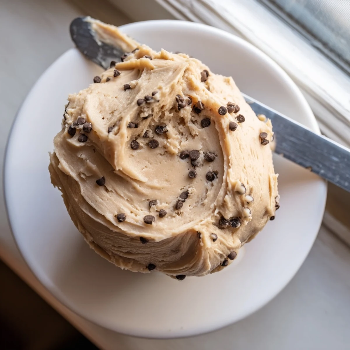 Creamy homemade Cookie Dough Frosting with mini chocolate chips on a vanilla cupcake, perfect for easy American dessert recipes.  