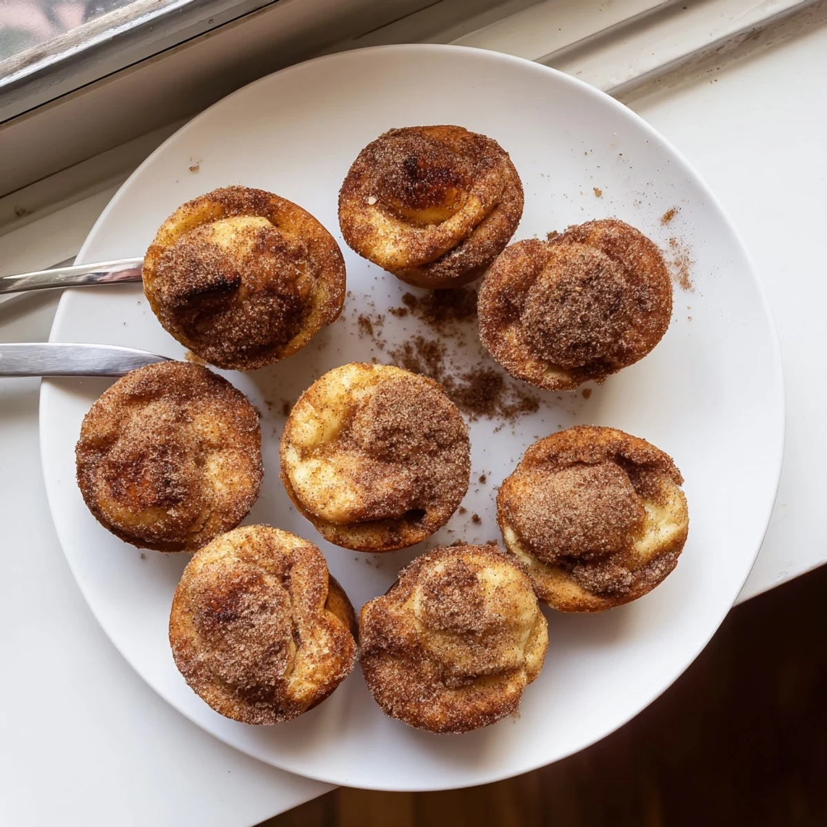 Golden-brown Cinnamon Sugar French Toast Muffins rest on a rustic wooden board, glistening with melted butter and a dusting of sweet spice.