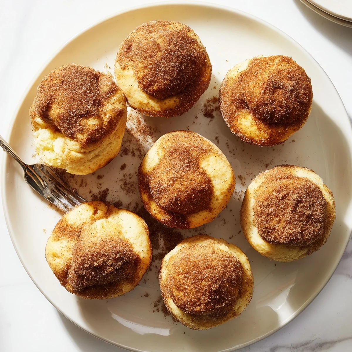 Close-up of a split Cinnamon Sugar French Toast Muffin revealing a soft, custardy interior with bread cubes, served beside a steaming mug of coffee.
