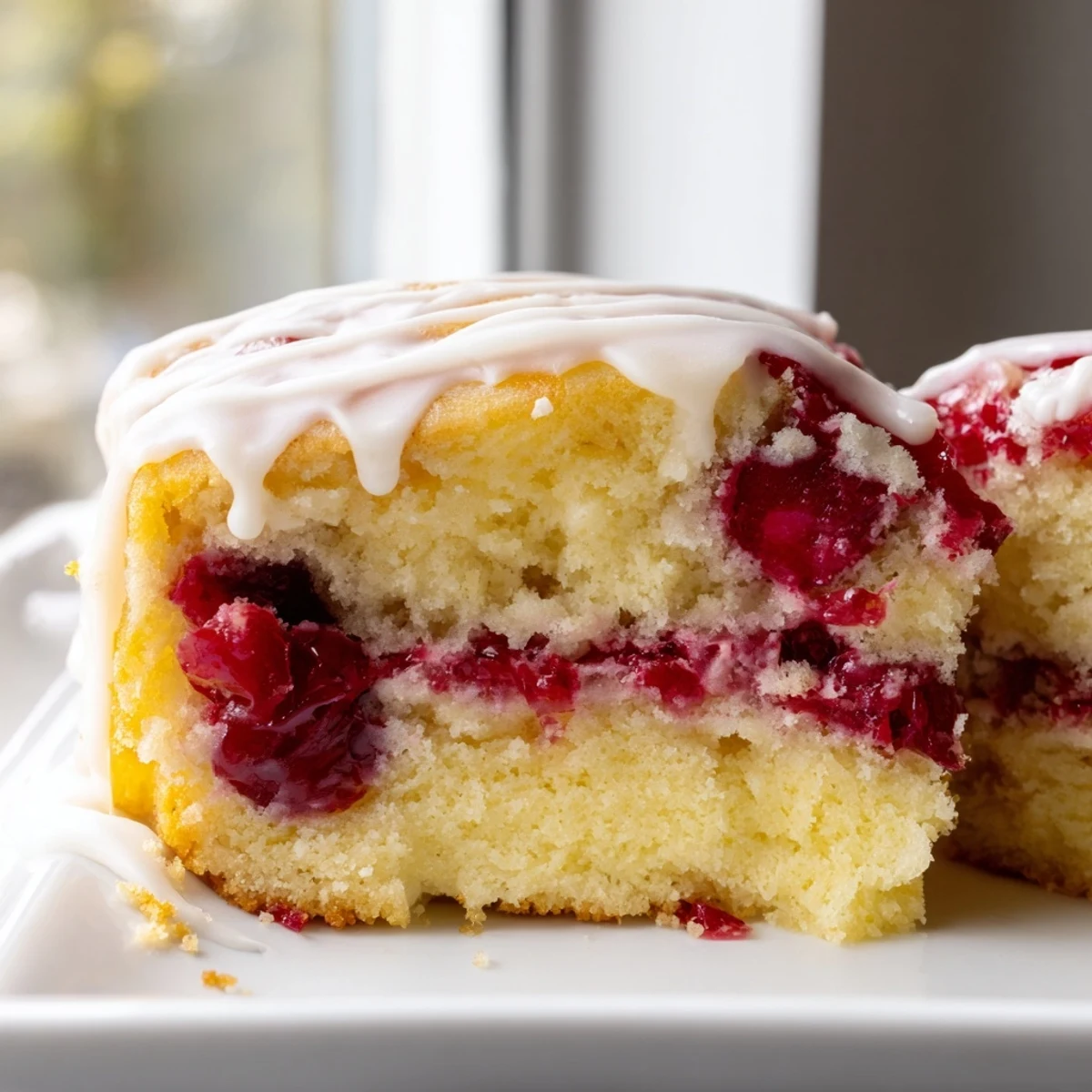 Golden bars with Easy Cherry Pie Bars and a sweet glaze, resting on a cooling rack.