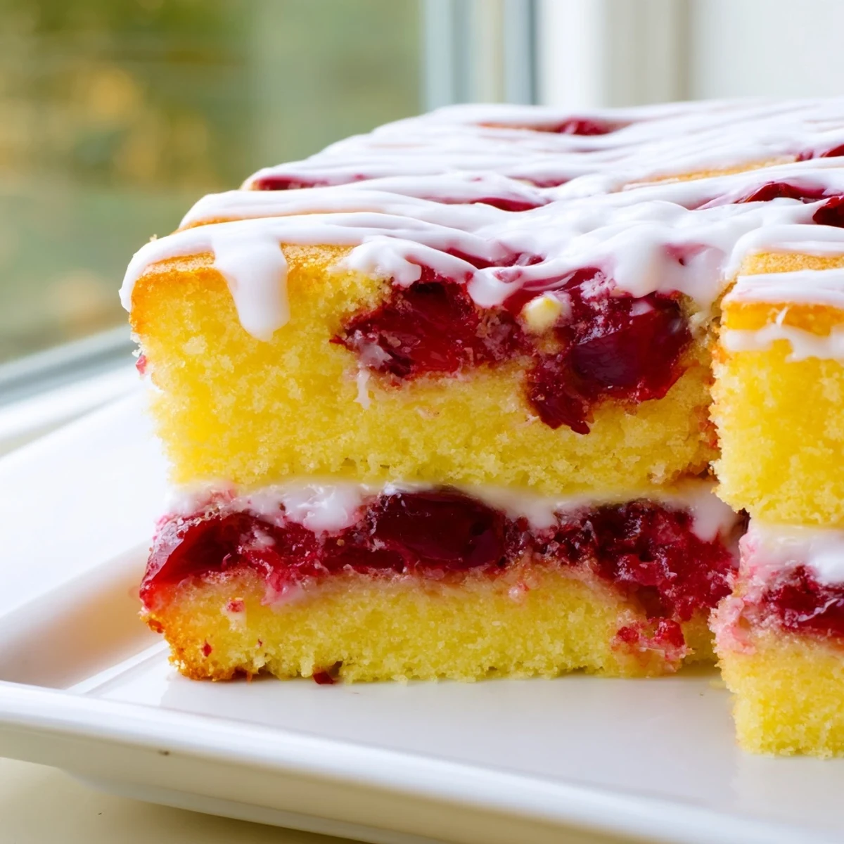 Easy Cherry Pie Bars are cut and served on a white plate beside a fresh cherry garnish.