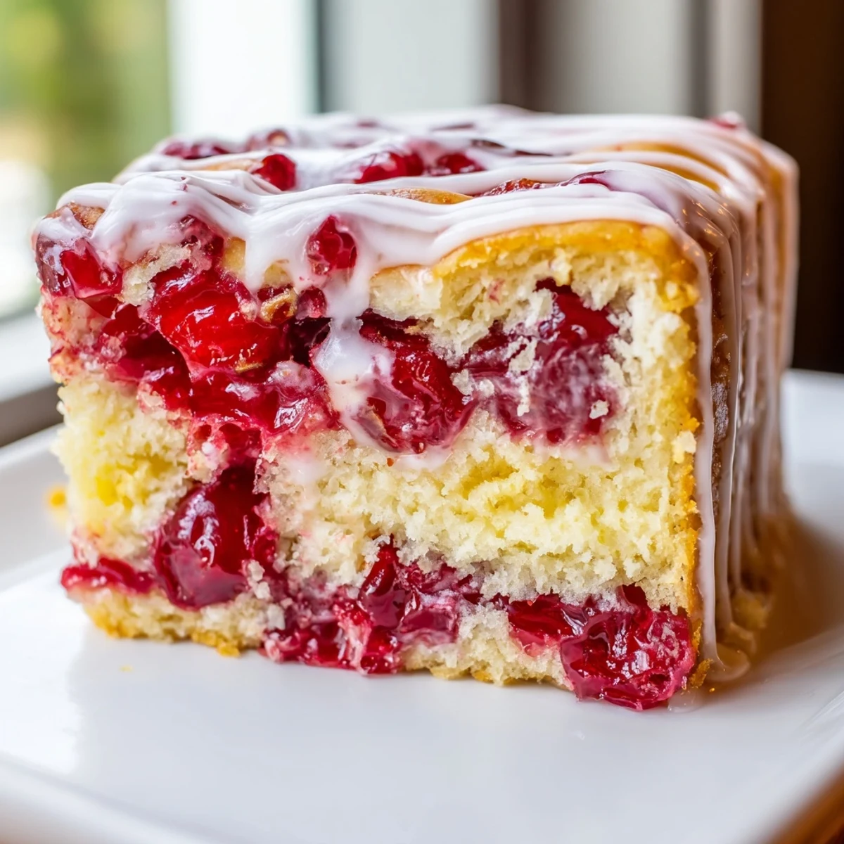 A close view of Easy Cherry Pie Bars with bubbly red filling and powdered sugar glaze.