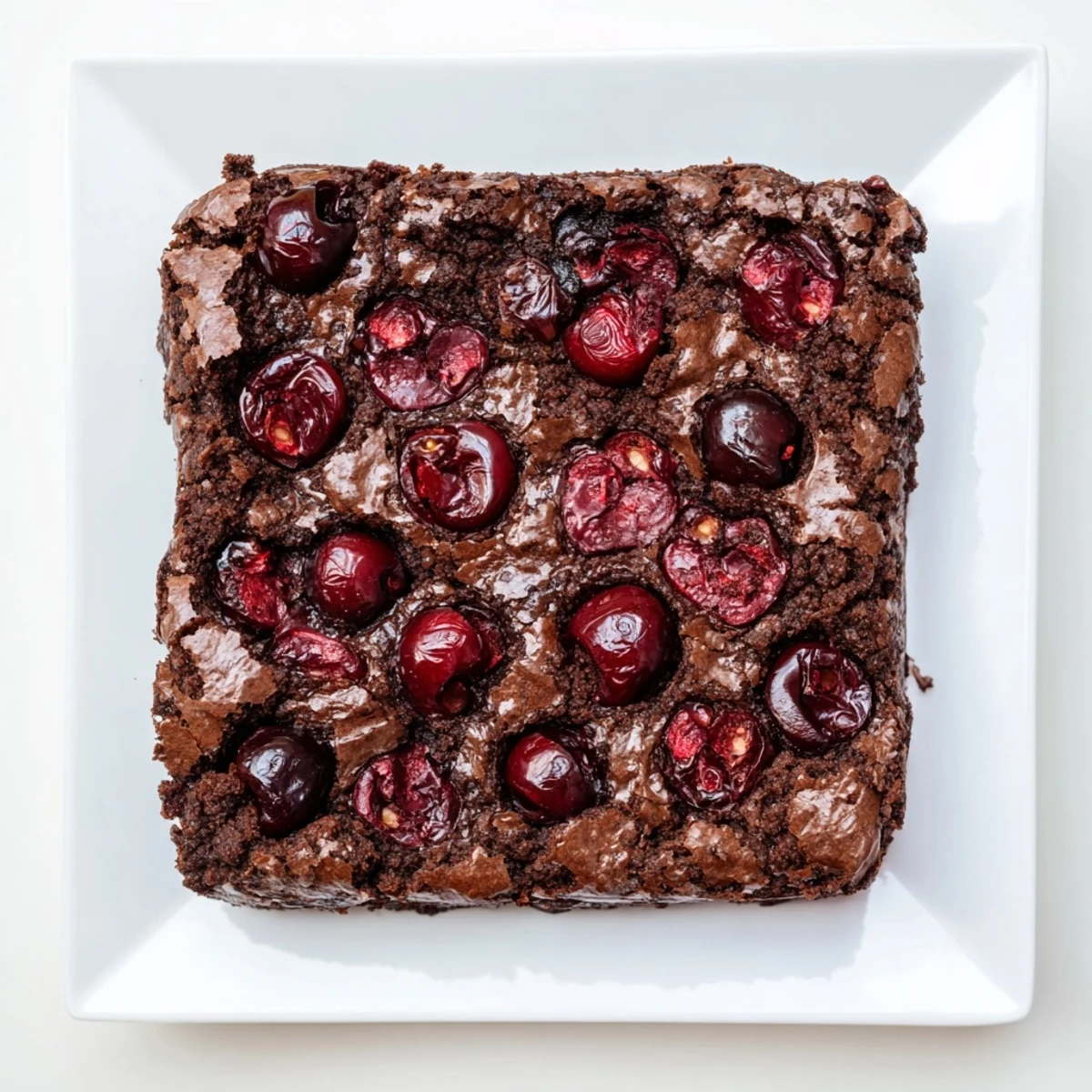 Rich, fudgy Roasted Cherry Brownies with glossy chocolate tops and ruby red roasted cherries glistening on a serving plate.