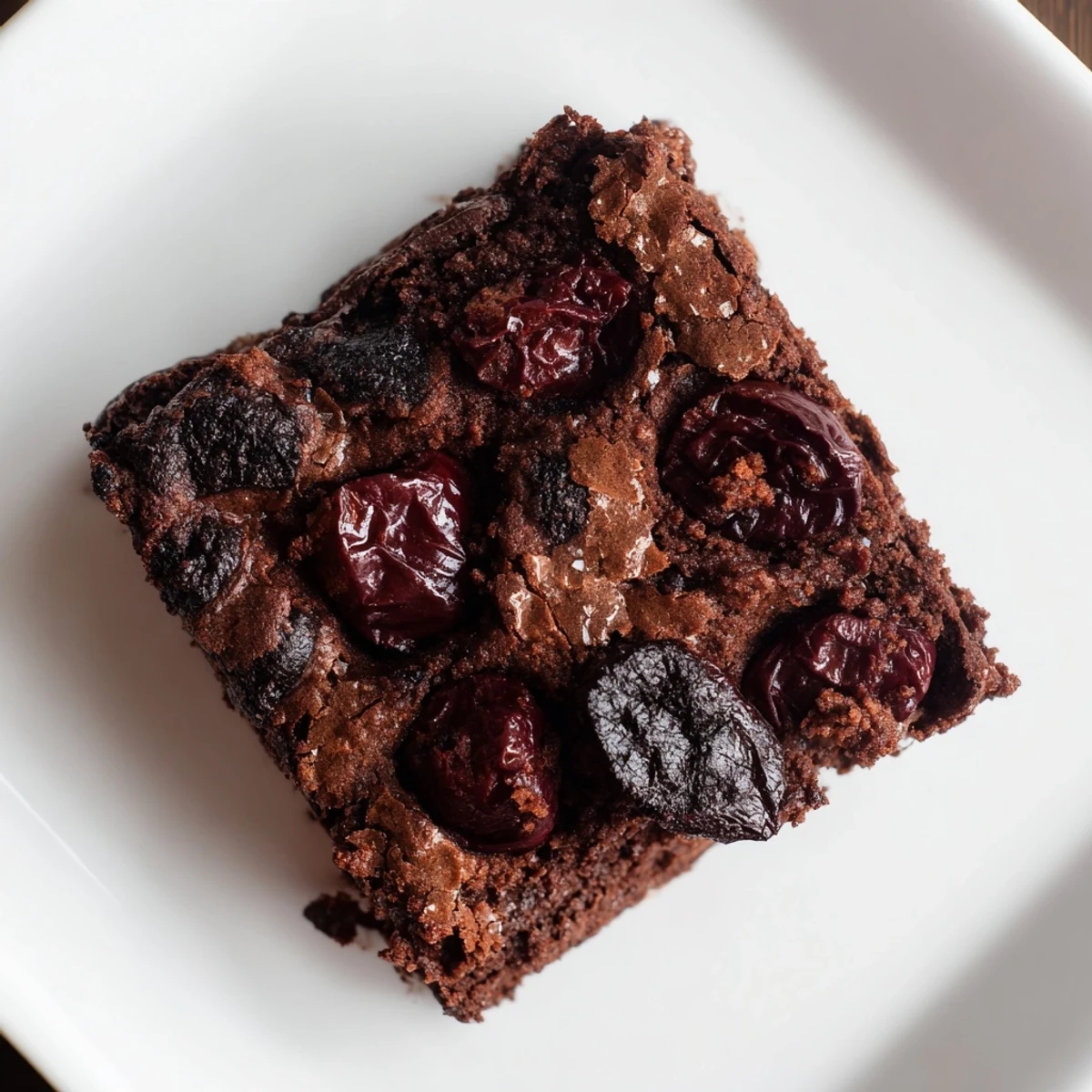 Warm Roasted Cherry Brownies with gooey centers are cut into squares, ready to be served with a scoop of vanilla ice cream.