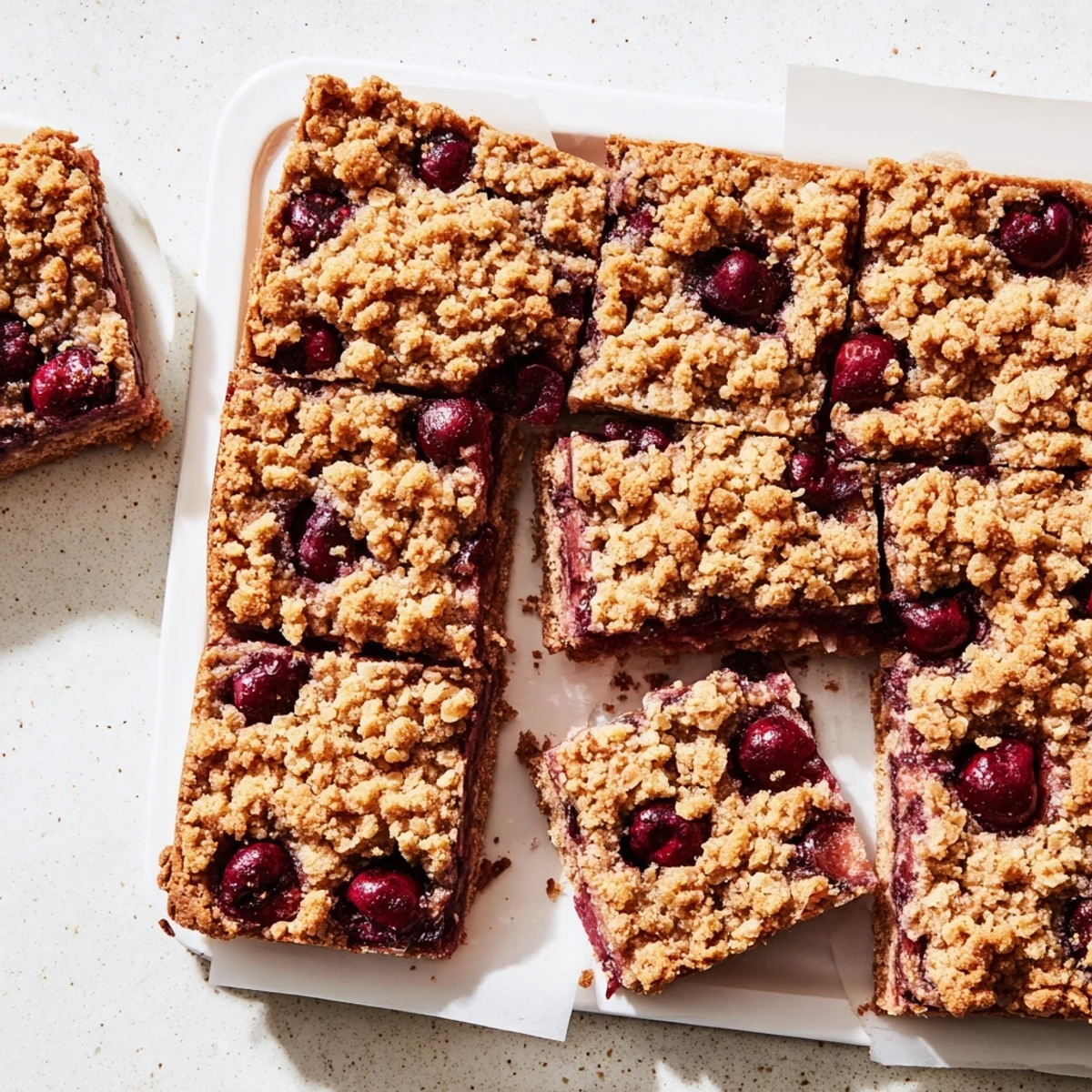 Easy Tasty Cherry Crumble Bars display a golden, crumbly oat topping over a glossy red cherry filling in a baking pan.