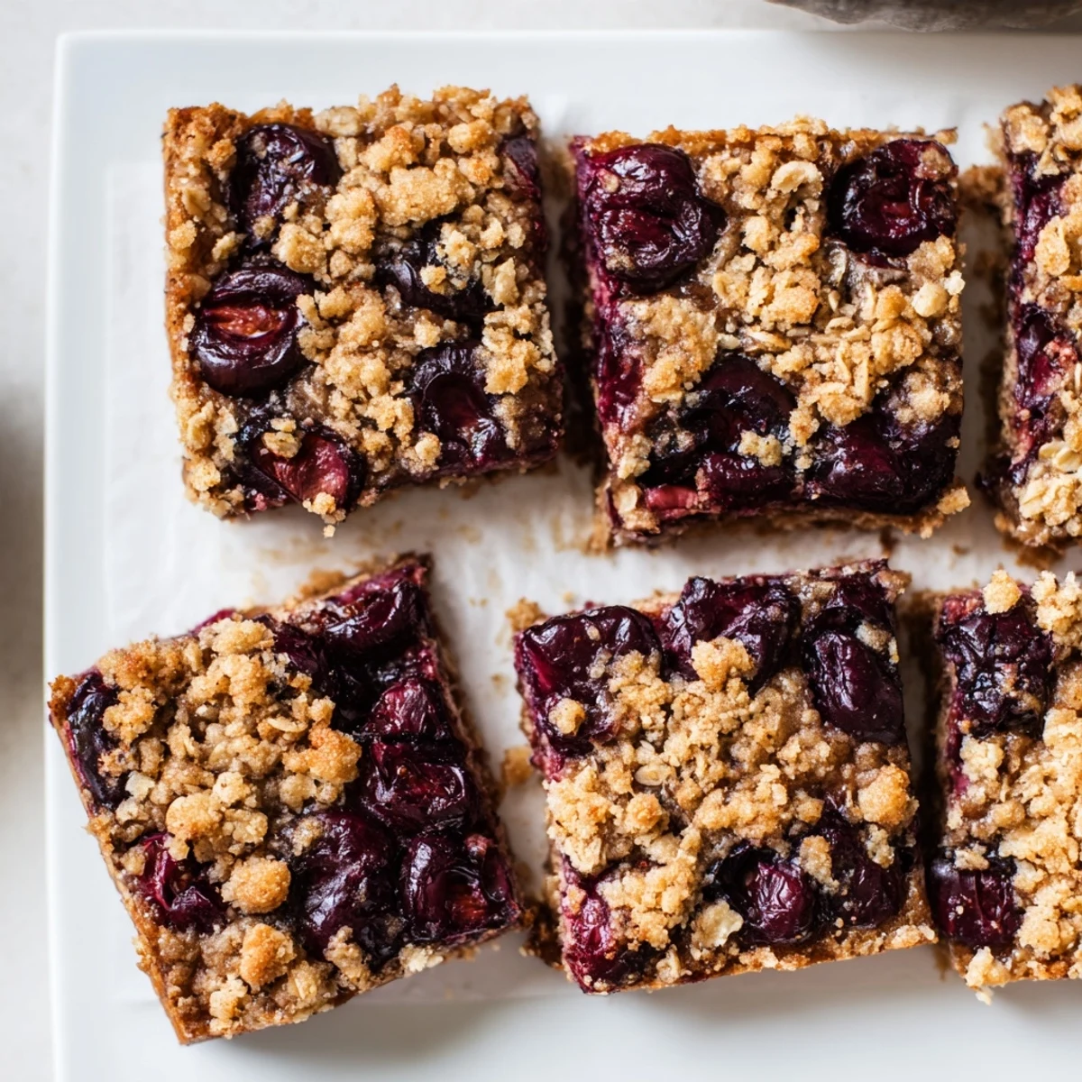 Warm Easy Tasty Cherry Crumble Bars are being lifted from a parchment-lined pan, revealing a juicy cherry layer and buttery crumble.