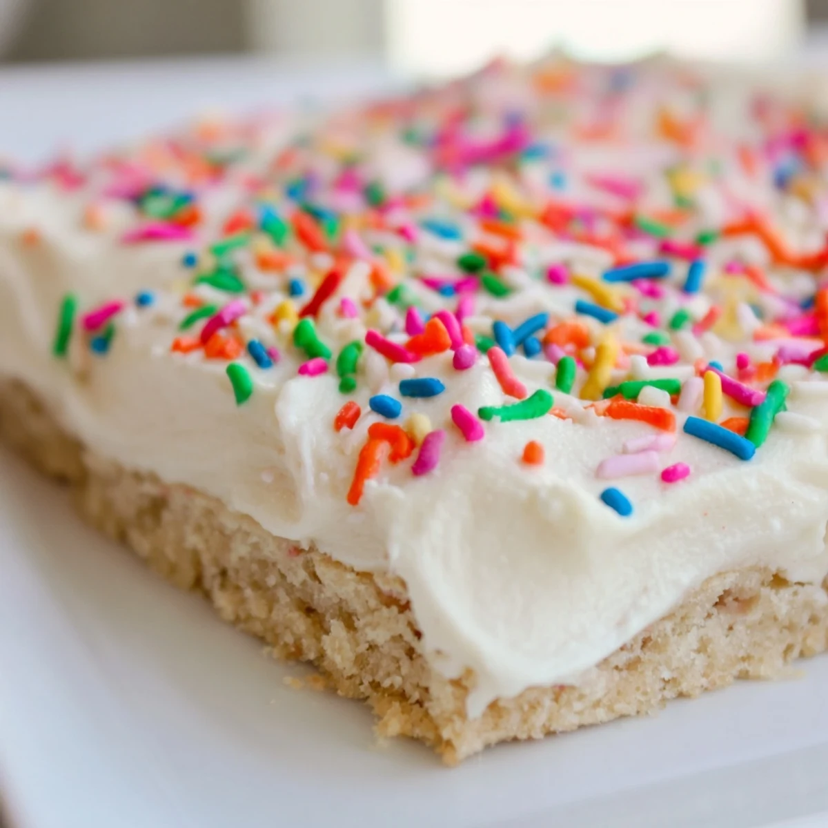A square of soft Sugar Cookie Bars with creamy white frosting and rainbow sprinkles, served on a white plate.