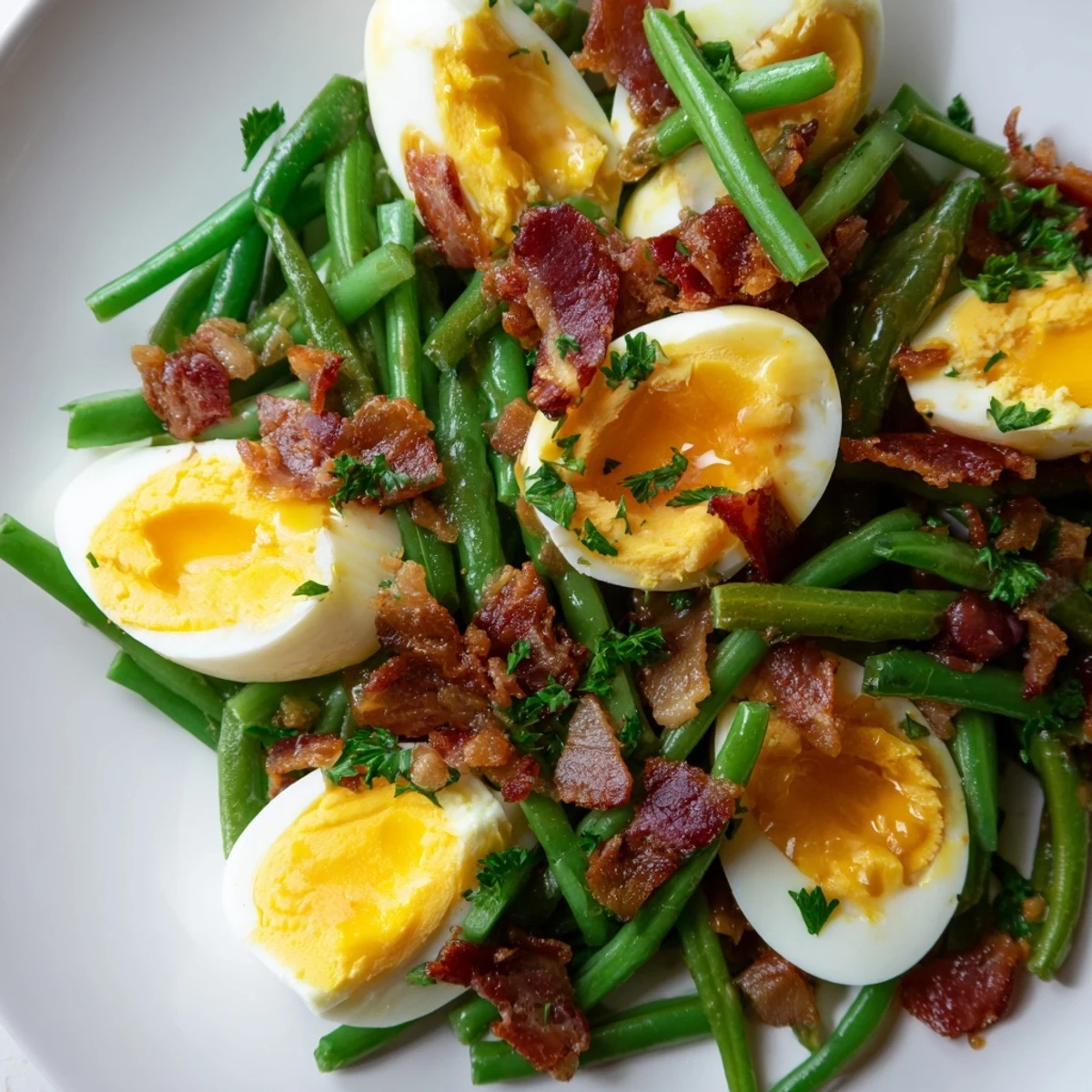 Crisp green beans, crumbled bacon, and creamy quartered eggs in a tangy Dijon vinaigrette highlight the Green Bean, Bacon, and Egg Salad.