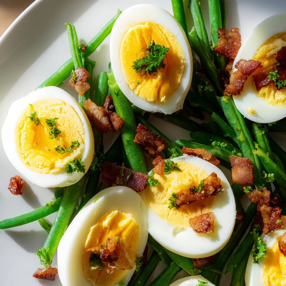 Bright green beans, crisp bacon bits, and soft eggs show the Green Bean, Bacon, and Egg Salad's American-style tangy vinaigrette.