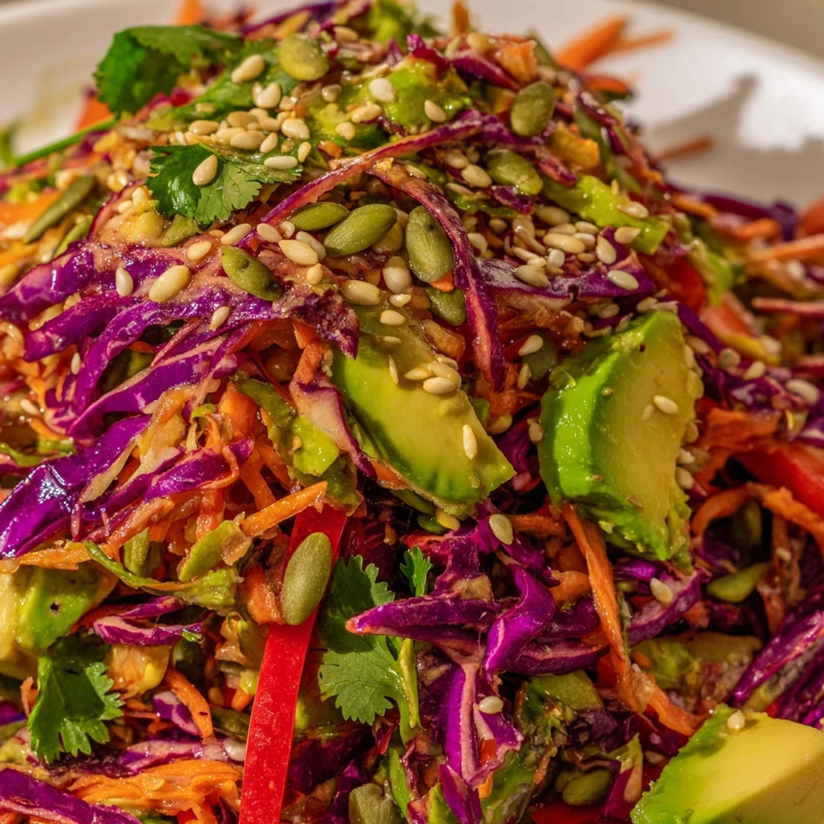 Crisp cabbage, creamy avocado, and colorful veggies compose this refreshing Avocado Cabbage Salad on a clean white plate.