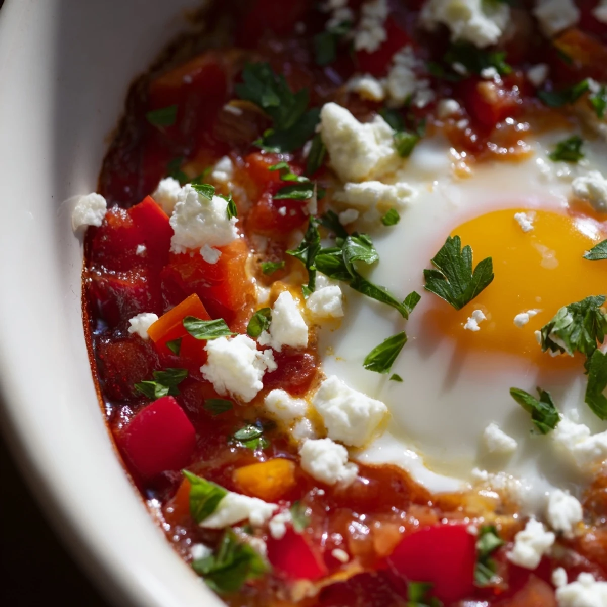 A close-up of Quick Shakshuka eggs in a spicy tomato and pepper sauce, served in a rustic skillet.