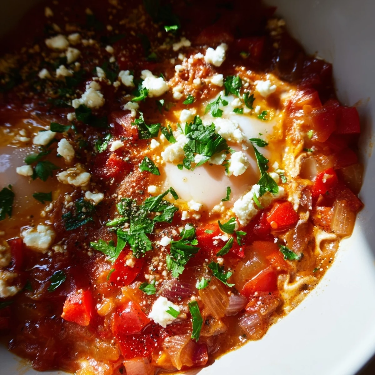 Warm Quick Shakshuka topped with fresh cilantro and crumbled feta, ready to be scooped up with crusty bread.