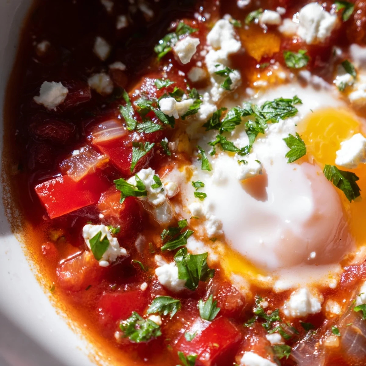 Brightly colored Quick Shakshuka eggs poached in a rich tomato sauce, garnished with parsley for a savory breakfast.